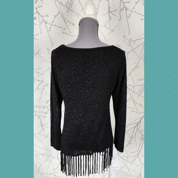 White House Black Market Black Metallic Knit Asymmetrical Fringe Tunic - Picture 3 of 4